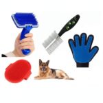 Front view of pet grooming kit for cats and dogs with tools