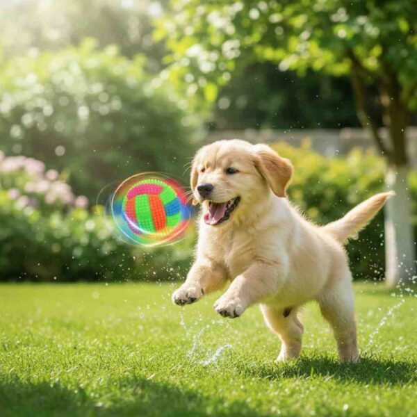 Happy dog playing with flashing LED squeaky ball outdoors
