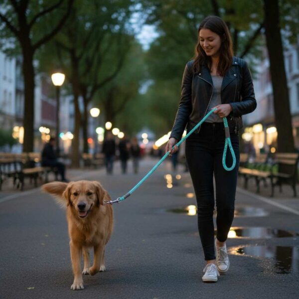 Dog walking safely with reflective leash in evening
