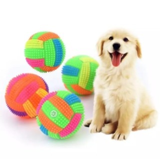 Colorful dog squeaky ball with flashing LED lights on white background