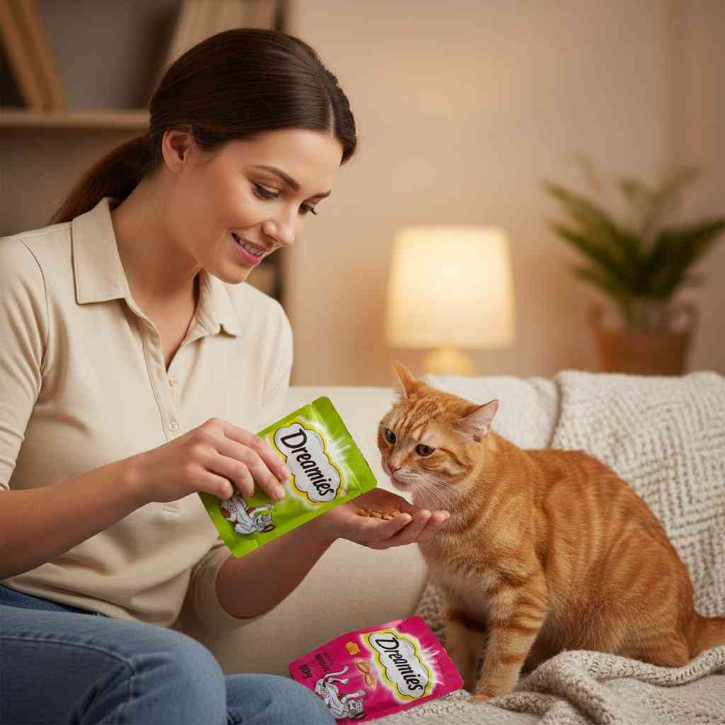Person feeding Dreamies cat treats to cat