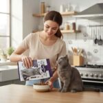 Person pouring cat food into bowl for a cat