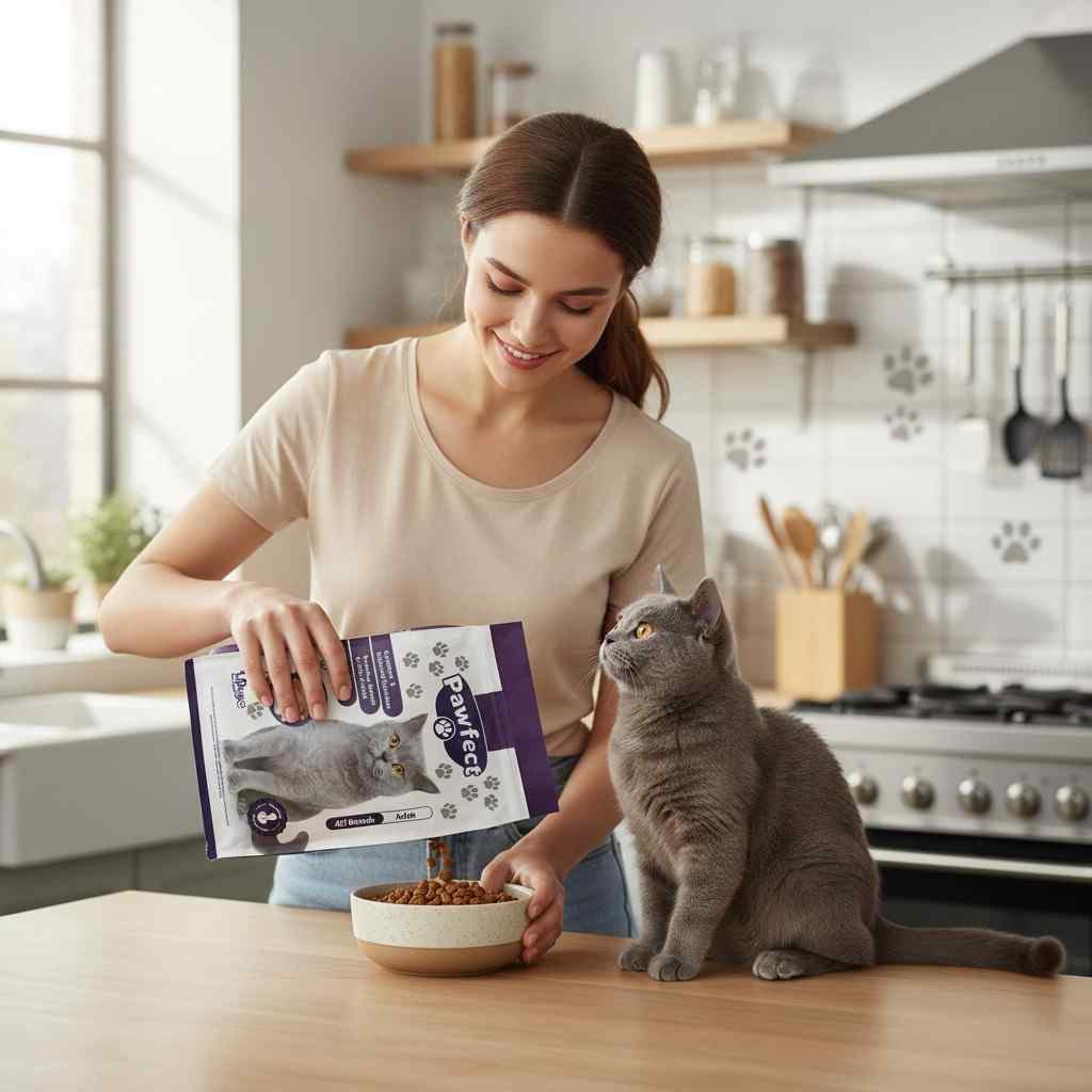 Person pouring cat food into bowl for a cat
