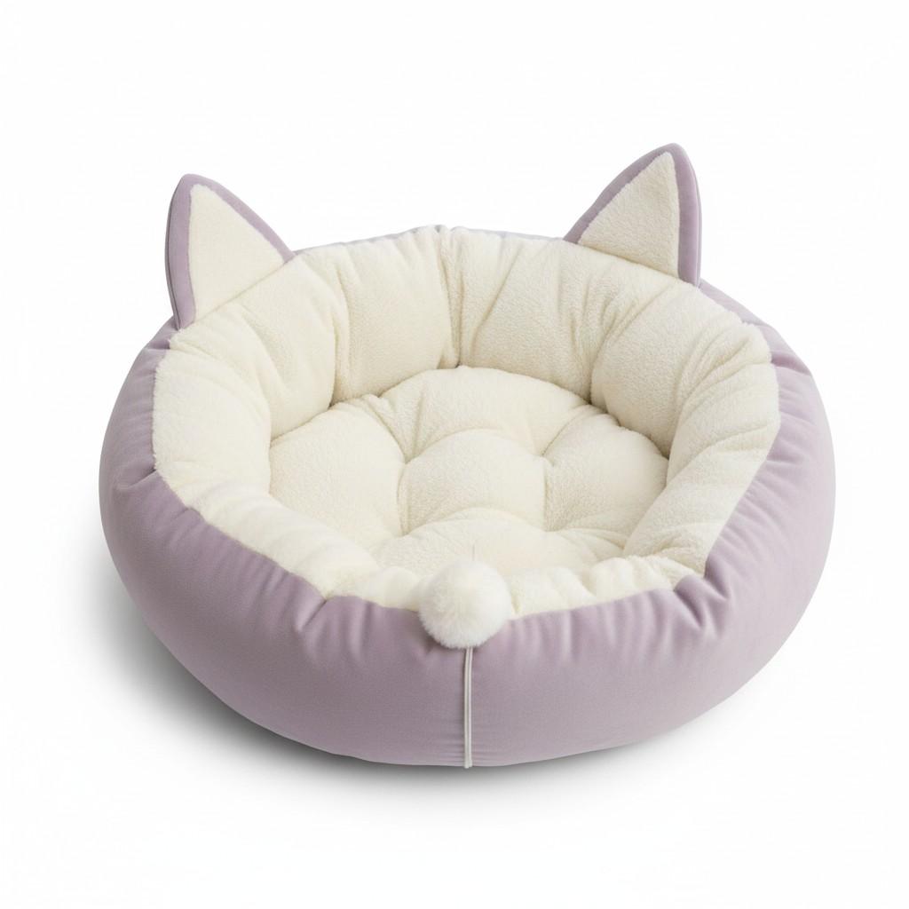 Front angle of thick cushioned cat bed with ear design