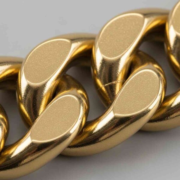 Close-up of golden alloy dog chain showing polished metal links