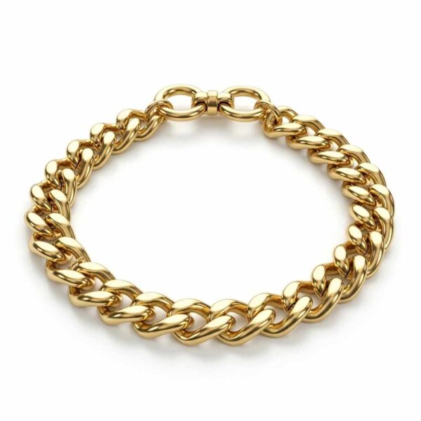 Golden alloy chain for dogs shown in front view on white background
