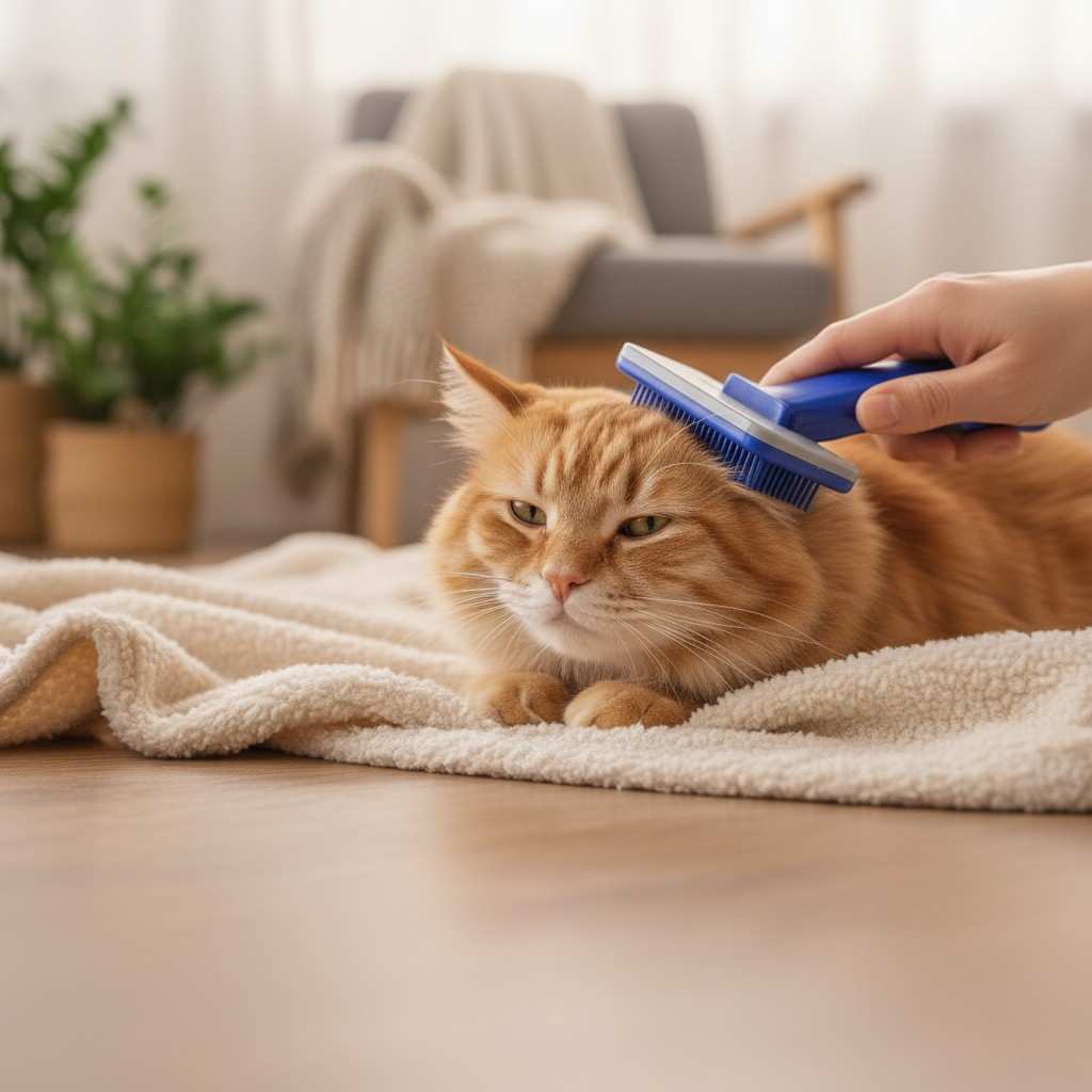 Cat being brushed with pet grooming kit