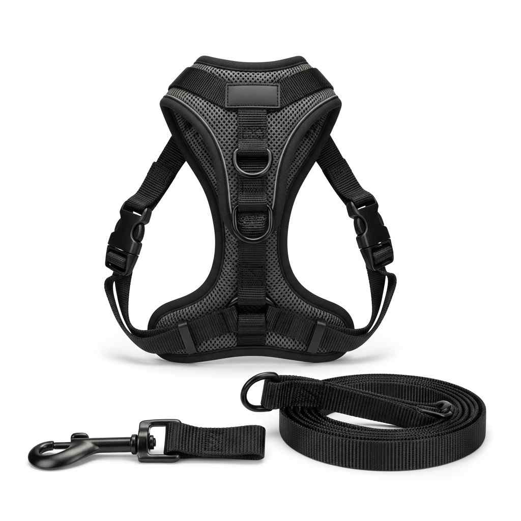 Dog harness with leash set shown in front view on white background