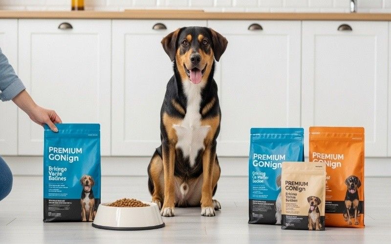 Healthy pet dog sitting beside a bowl while owner chooses dog food in a Pakistani home kitchen.