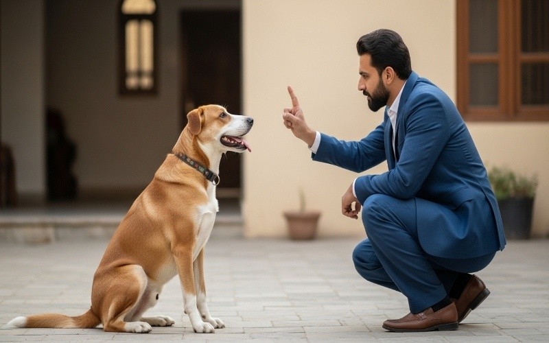 Owner training a pet dog at home in Pakistan with treats and commands