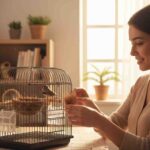 Person placing coconut grass nesting material into bird cage for finches