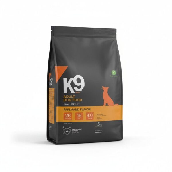 Front view of K9 Adult Dog Food 5Kg Farmland packaging