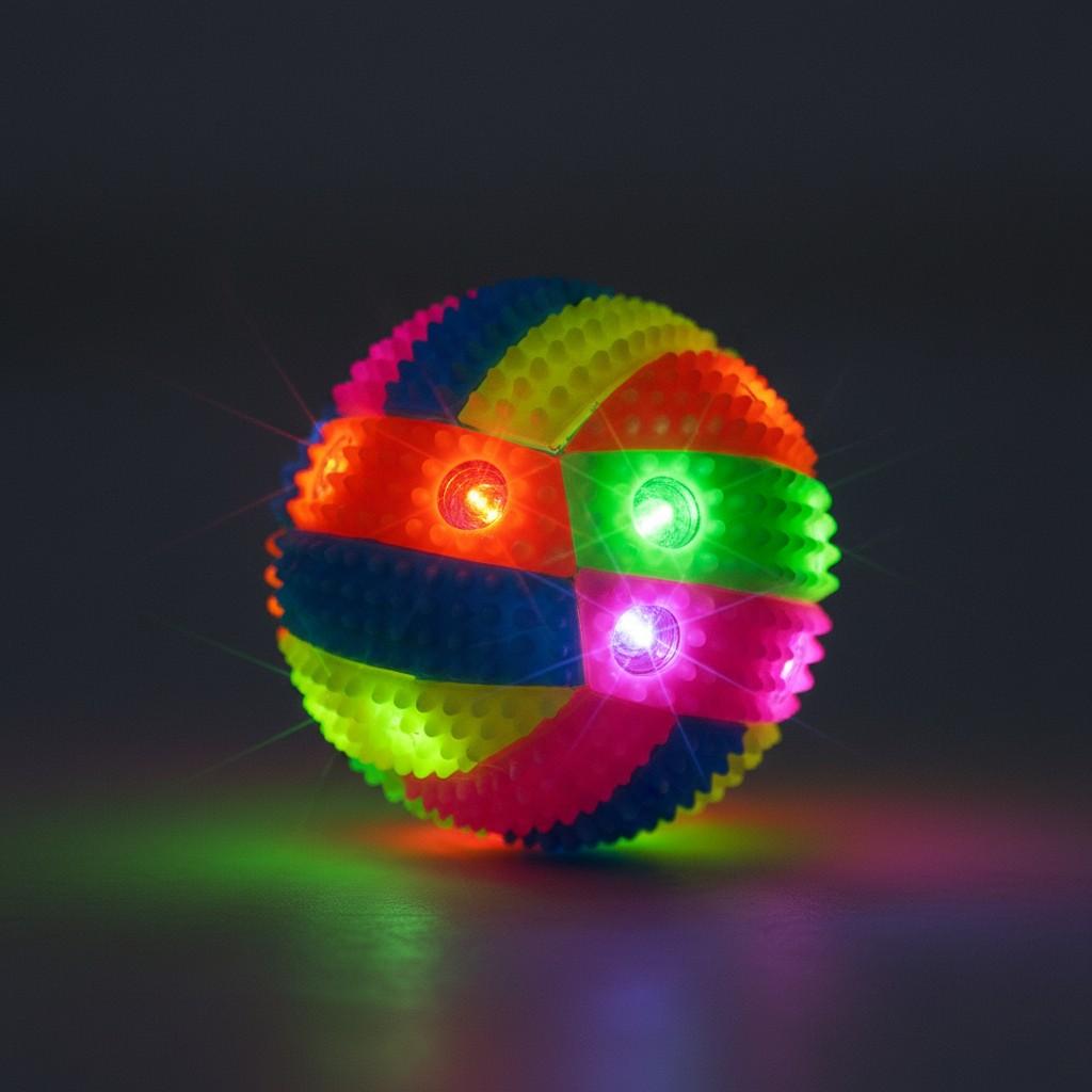 Close-up of textured dog squeaky ball with LED lights glowing