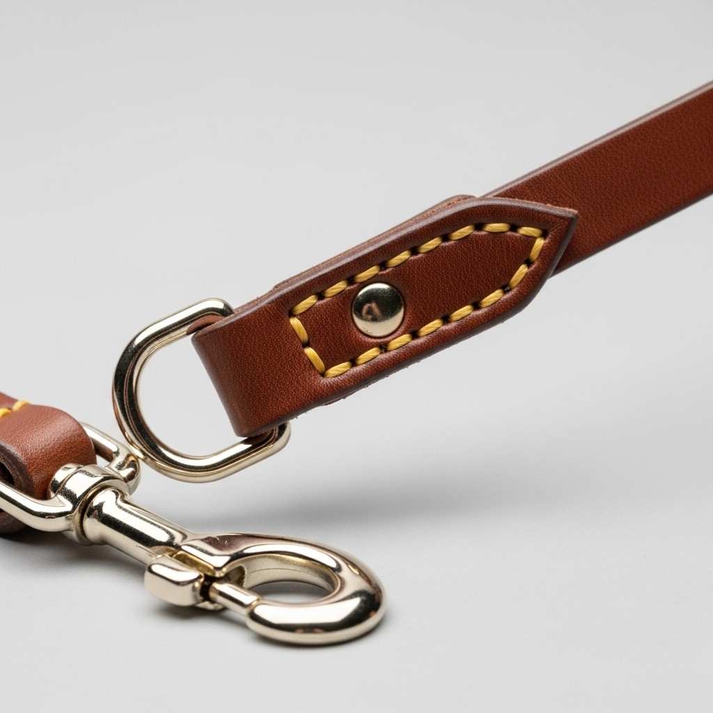Side view of leather leash showing stitching and metal hook detail