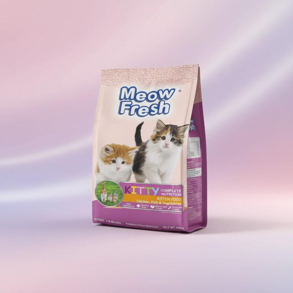Angled view of Meow Fresh kitten dry cat food packaging with soft lighting