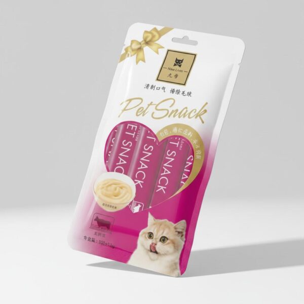 Angled view of cat treat pack with 5 creamy sticks