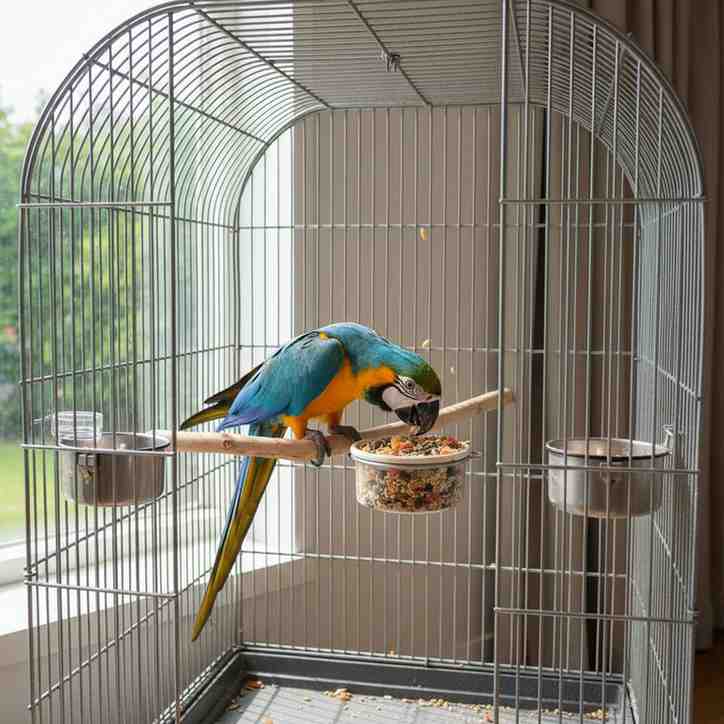 Big parrot eating seed mix from bowl inside cage