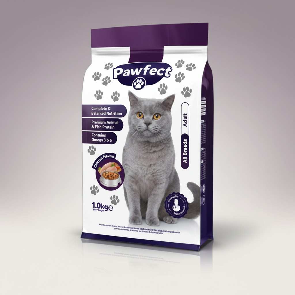 Angled view of Pawfect Adult Cat Food bag with soft lighting