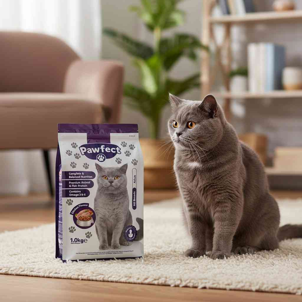 Adult cat sitting next to Pawfect cat food bag indoors