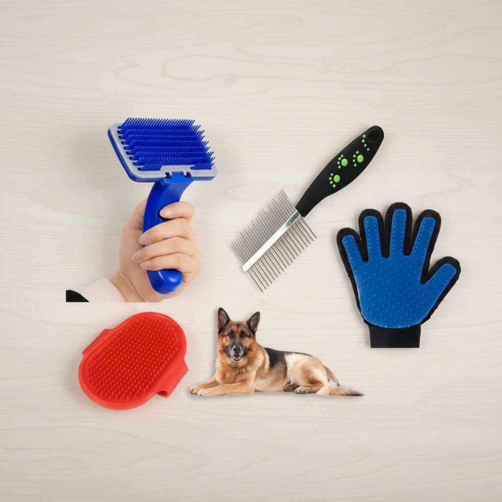 Top view of pet grooming kit tools arranged neatly