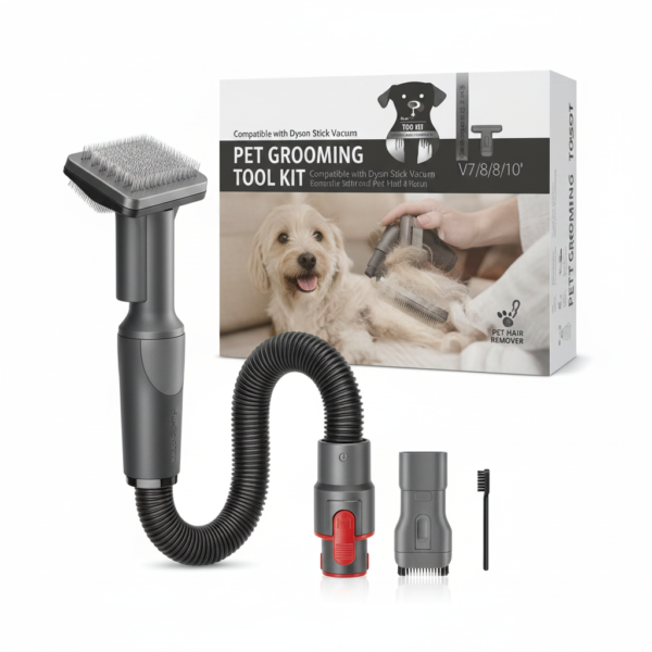 Front view of pet grooming tool kit for Dyson V7 V8 V10 with brush hose and pet hair remover on white background.