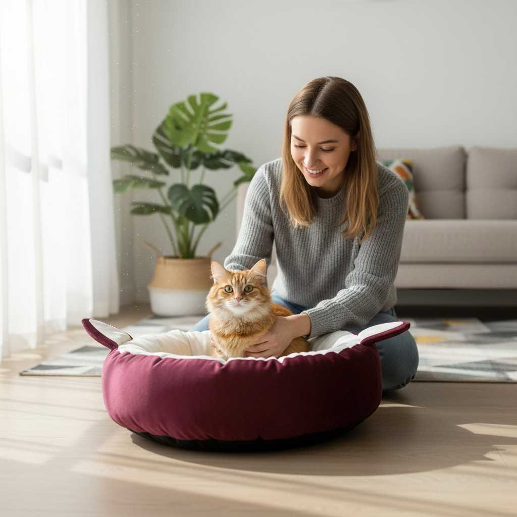 Owner placing cat into soft ear design pet bed