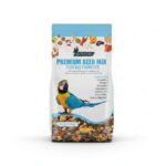 Premium seed mix for big parrots Packet with white background