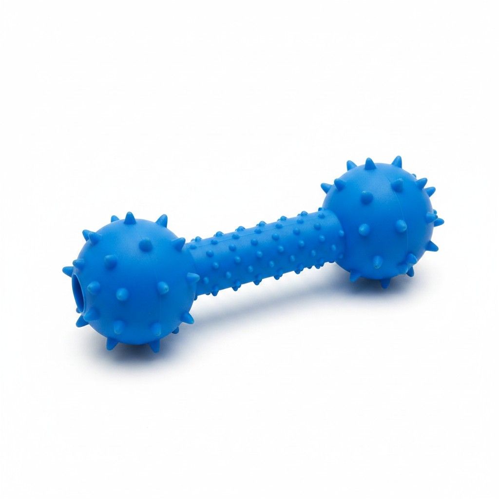 Colorful rubber dental chew toy for puppies on white background