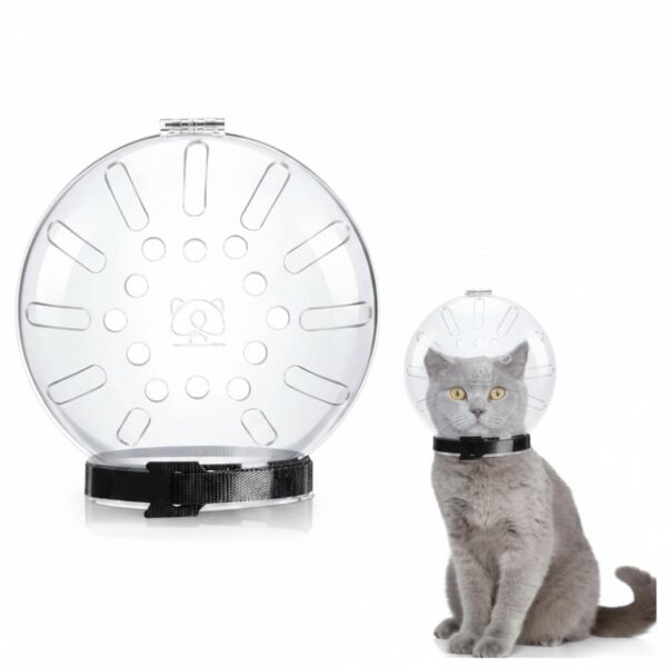 Side view of cat muzzle helmet showing adjustable straps
