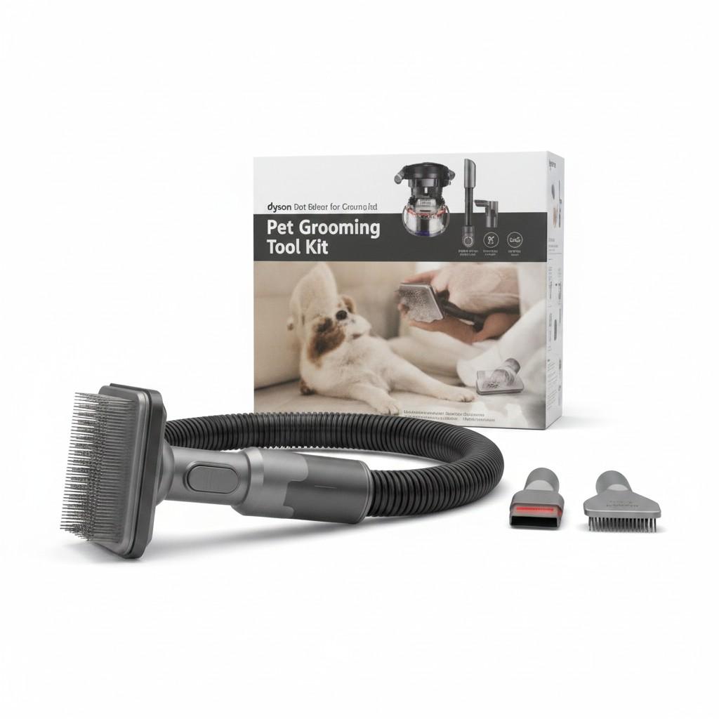 Side angle of Dyson compatible pet grooming tool kit showing hose connector and brush attachment.