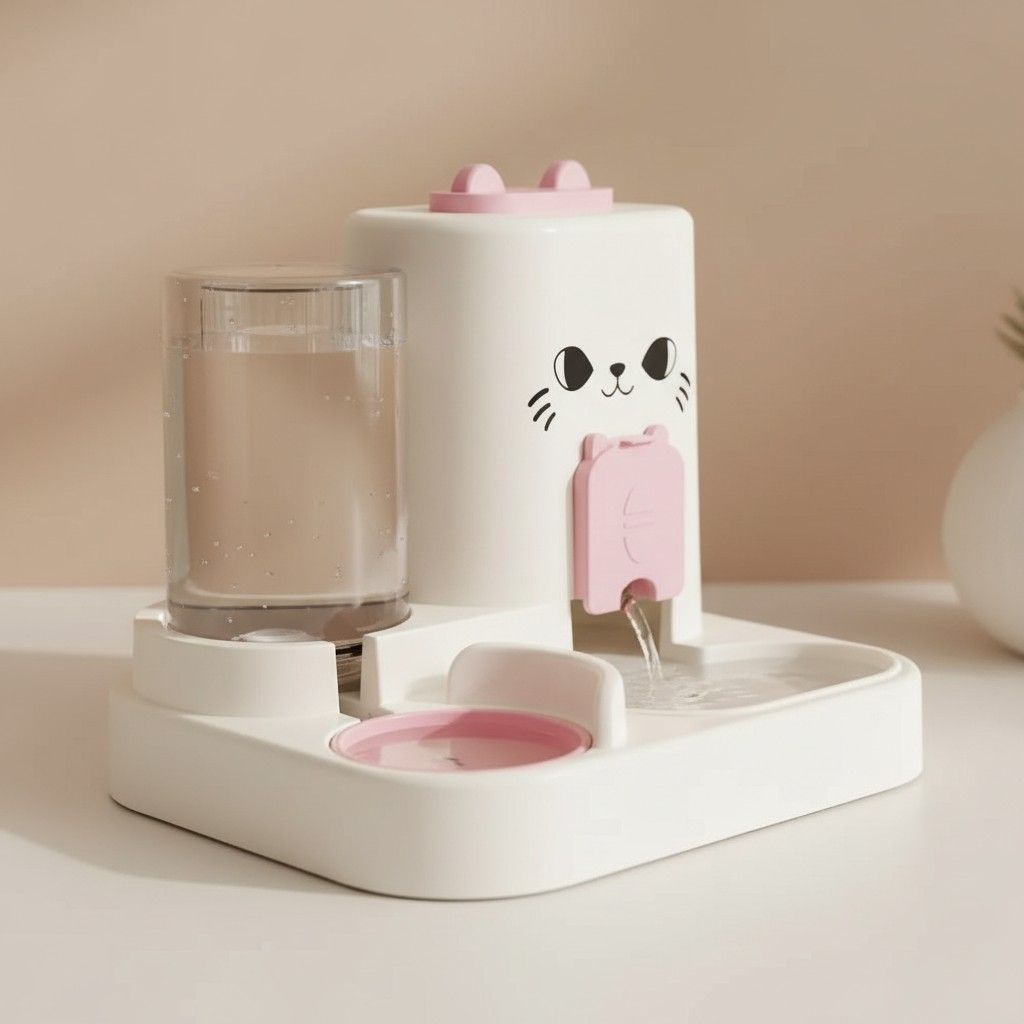 Side close-up of pet water dispenser bowl showing tank and base