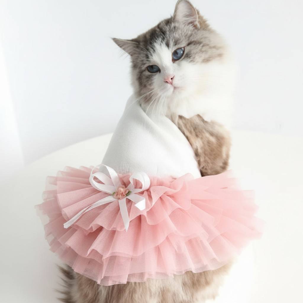 cat wearing frock with human interaction