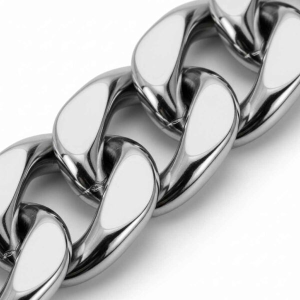Side view of silver dog chain showing metal links and shine