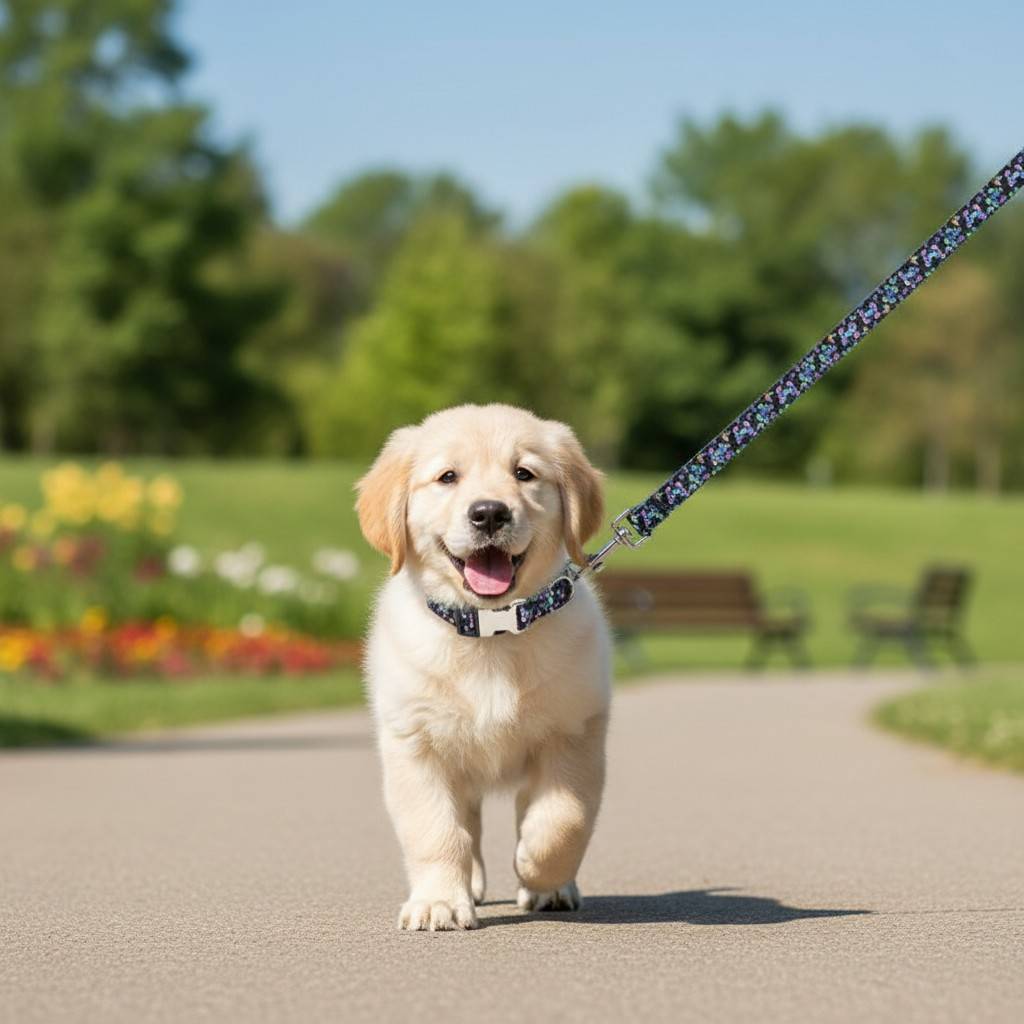 Small puppy walking outdoors with stylish leash
