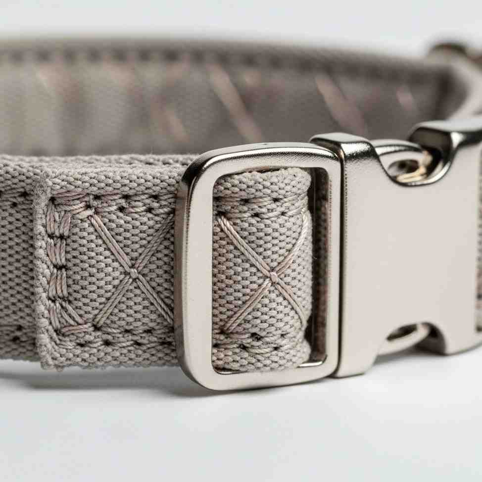 Side view of soft buckle collar showing buckle and stitching detail