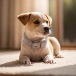 Small puppy wearing soft collar in cozy indoor setting