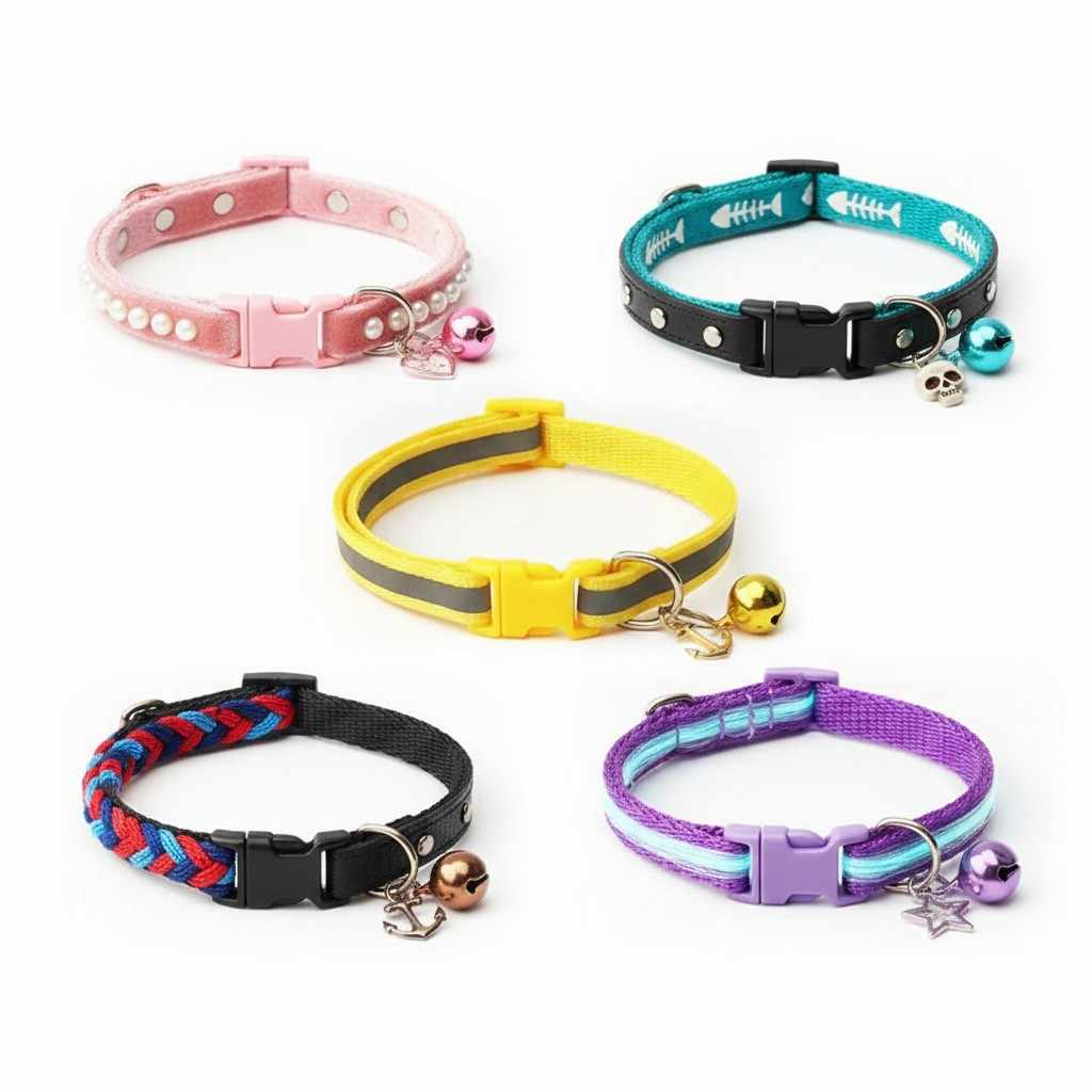 Collection of colorful and stylish cat collars displayed on white background