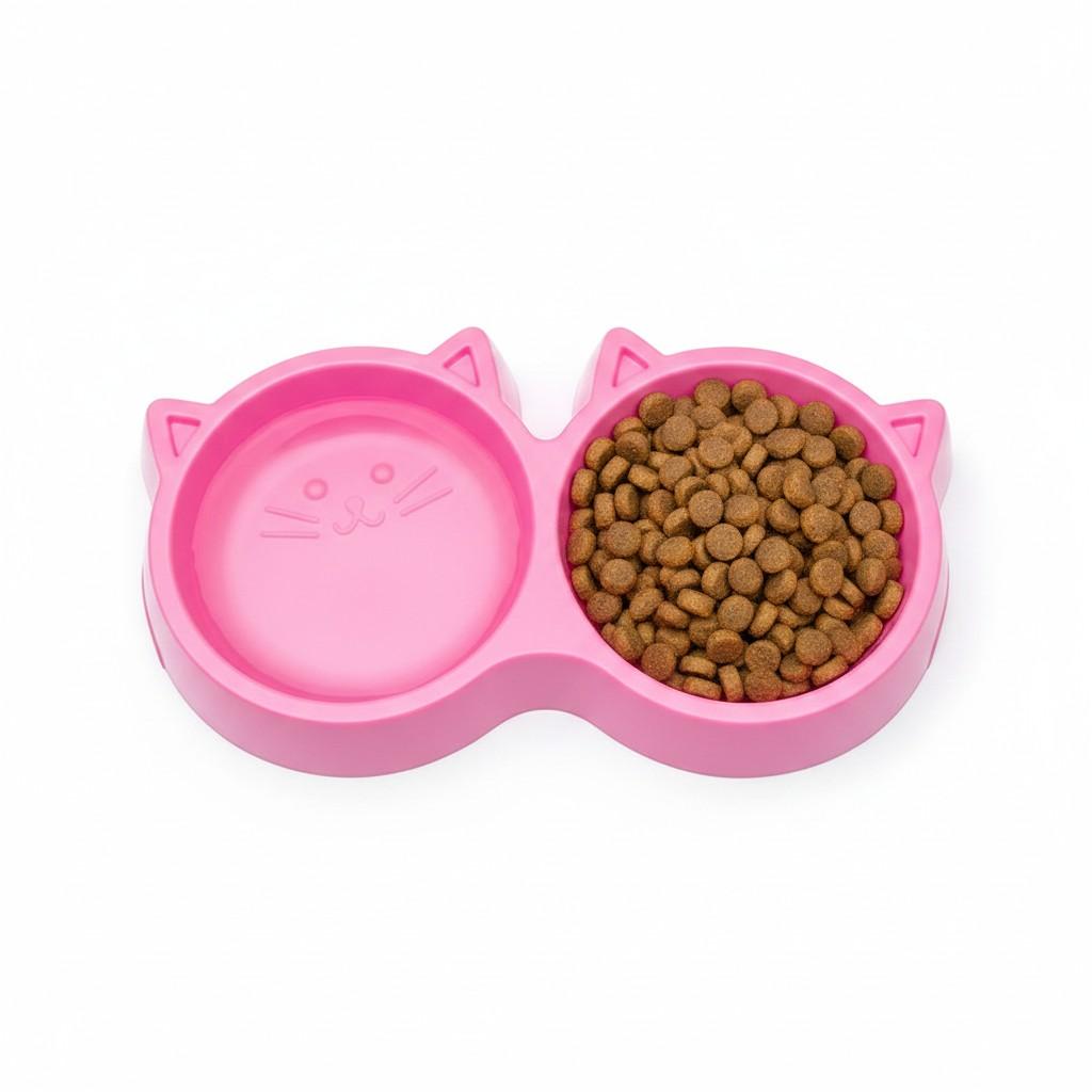 Top view of cat double bowl with food and water