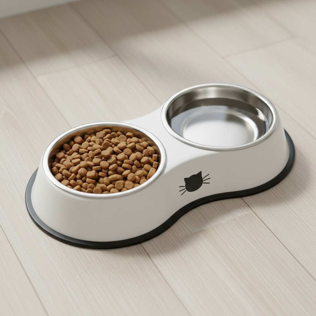 Top angle view of stainless steel bowl with pet food and water
