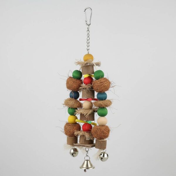 Side angle view of hanging wooden bird toy showing structure and accessories