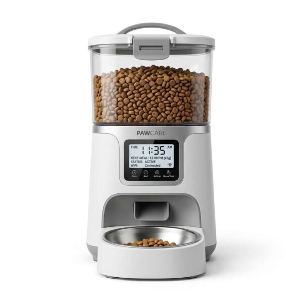 Front view of automatic pet feeder for cats and dogs on white background