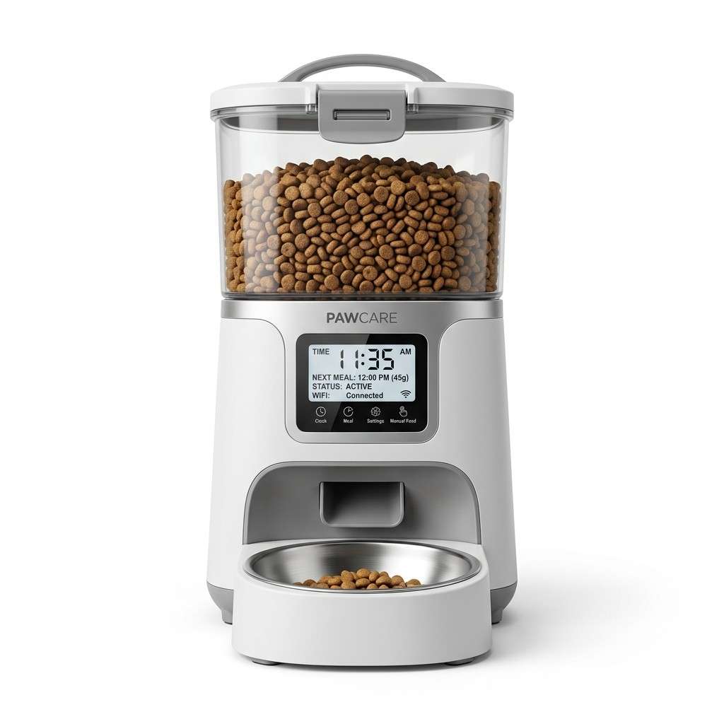 Front view of automatic pet feeder for cats and dogs on white background