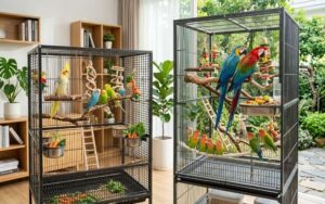 Colorful pet birds inside modern spacious bird cages in Pakistan