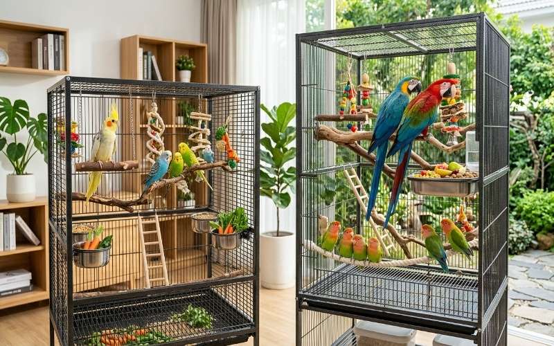 Colorful pet birds inside modern spacious bird cages in Pakistan