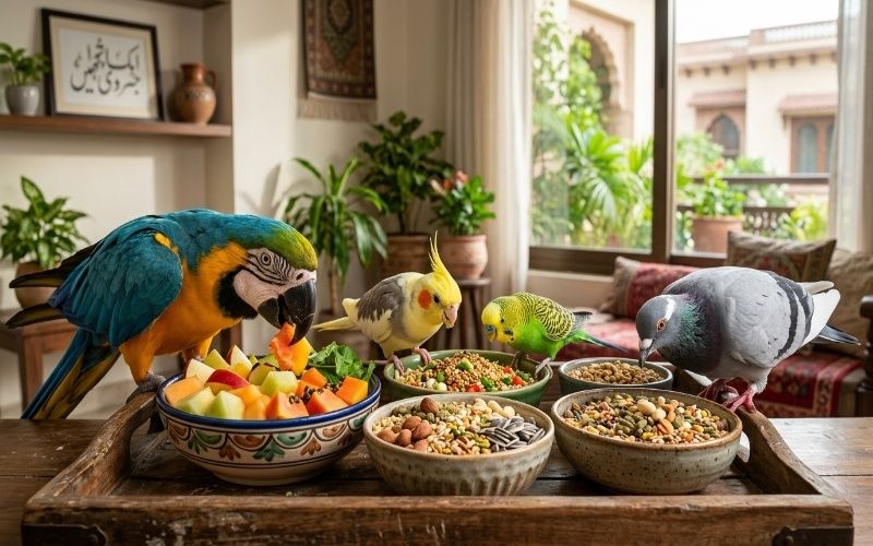 Colorful pet birds eating healthy seeds, pellets, fruits, and nuts in a bright home setting in Pakistan.