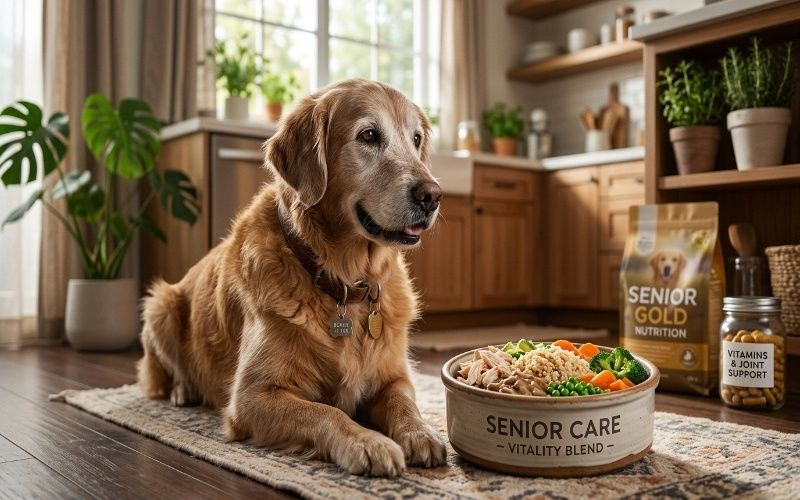 Senior dog sitting beside a bowl of healthy soft food made for older dogs, showing nutritious ingredients for aging pet care.