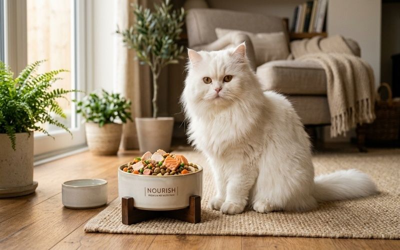 Persian cat sitting beside a bowl of healthy cat food in a cozy home environment representing the best food for Persian cat nutrition guide.