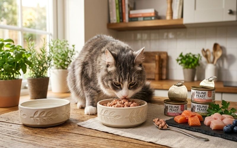 Healthy fluffy cat eating wet cat food from a ceramic bowl in a modern kitchen