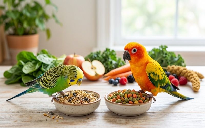 Comparison of bird seeds and pellets showing healthy pet bird diet options for better nutrition and balanced feeding.
