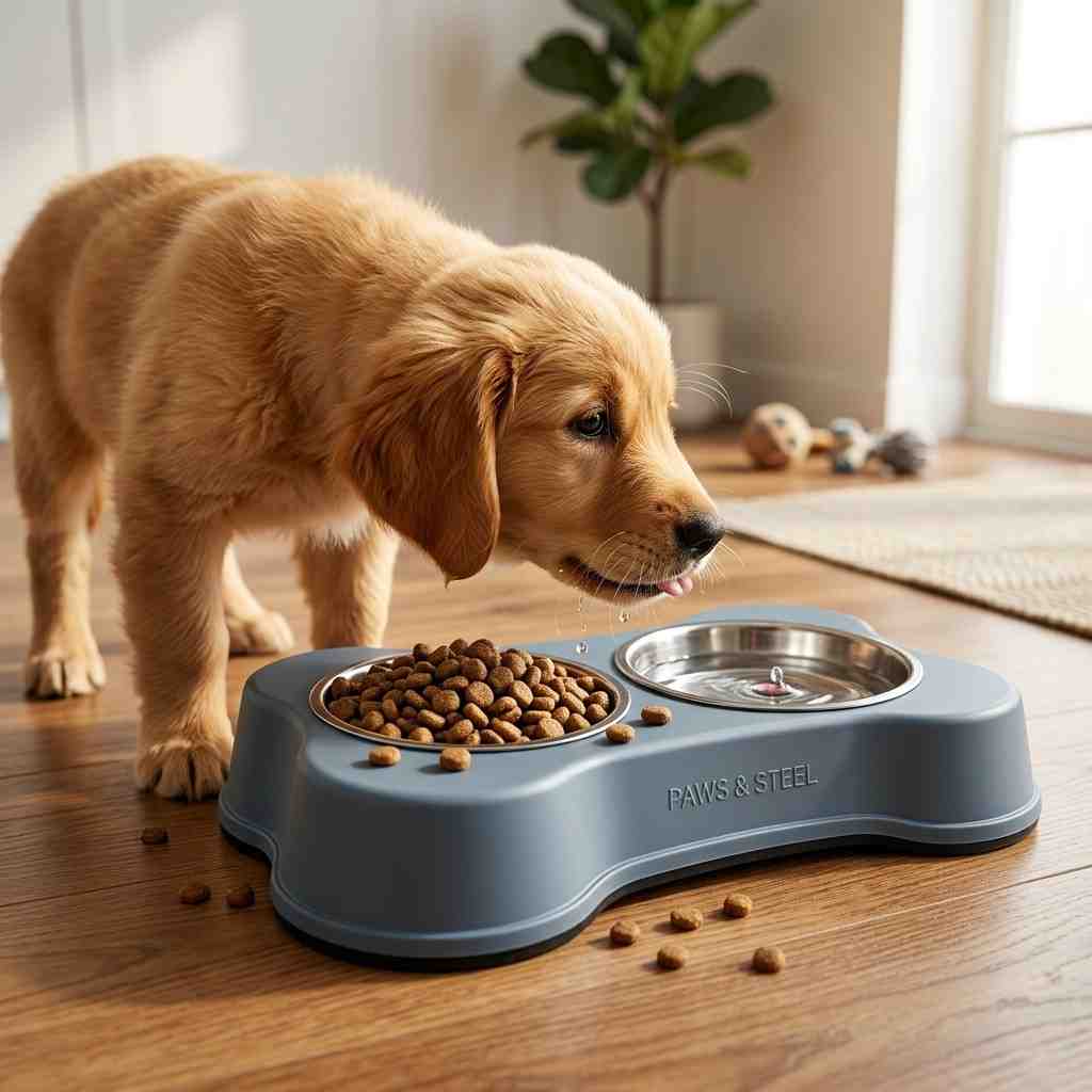 Dog eating from bone shaped double bowl in modern home